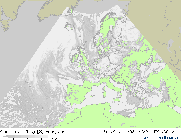 Cloud cover (low) Arpege-eu Sa 20.04.2024 00 UTC