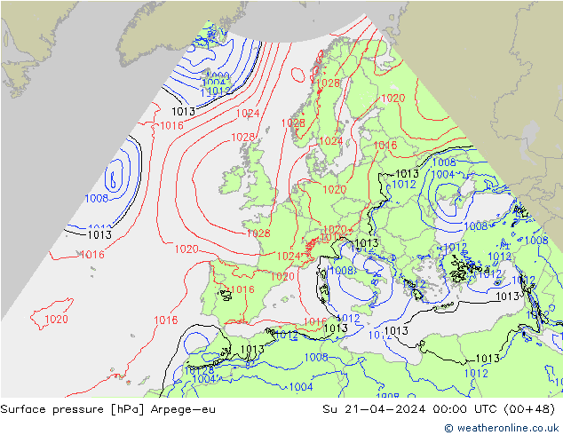 Pressione al suolo Arpege-eu dom 21.04.2024 00 UTC