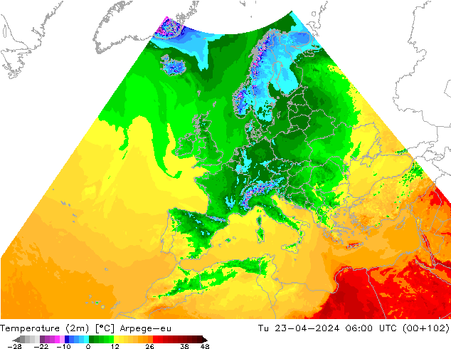 température (2m) Arpege-eu mar 23.04.2024 06 UTC