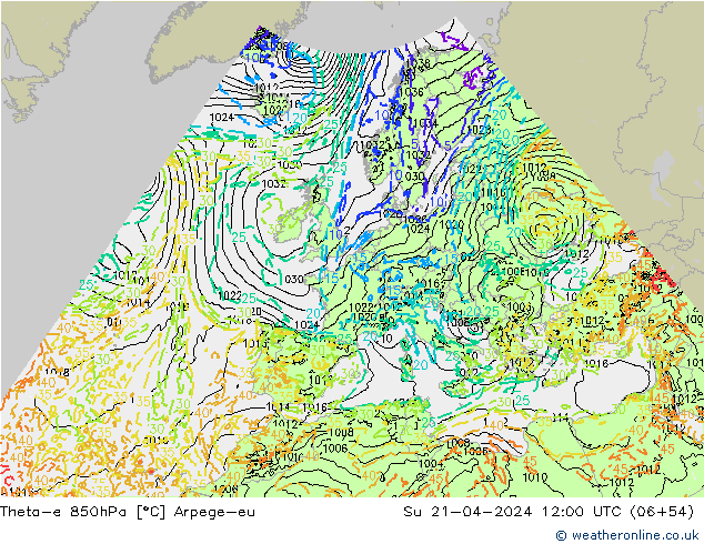 Theta-e 850hPa Arpege-eu Su 21.04.2024 12 UTC