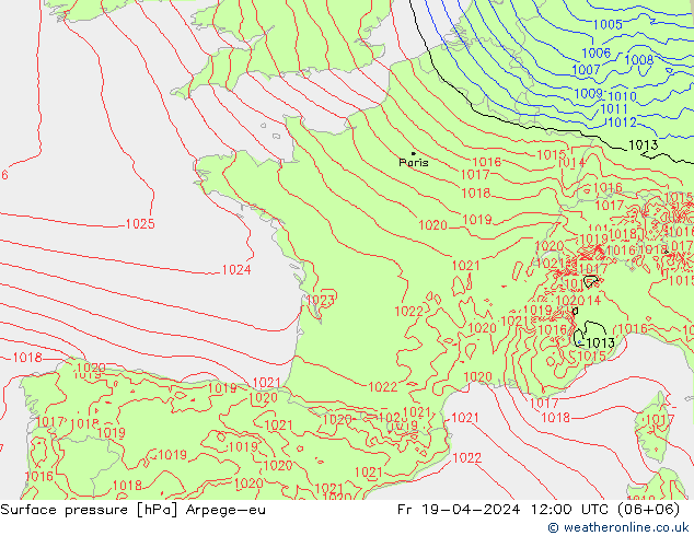 Atmosférický tlak Arpege-eu Pá 19.04.2024 12 UTC