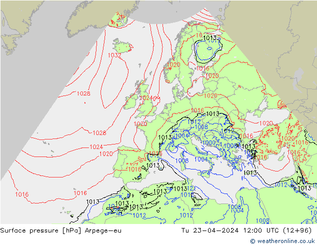 Surface pressure Arpege-eu Tu 23.04.2024 12 UTC