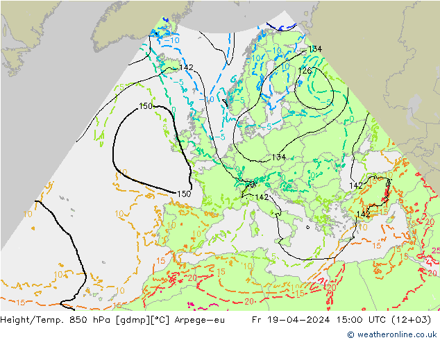 Hoogte/Temp. 850 hPa Arpege-eu vr 19.04.2024 15 UTC