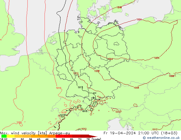 Max. wind velocity Arpege-eu Fr 19.04.2024 21 UTC