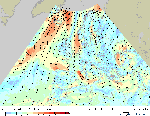 Surface wind (bft) Arpege-eu Sa 20.04.2024 18 UTC