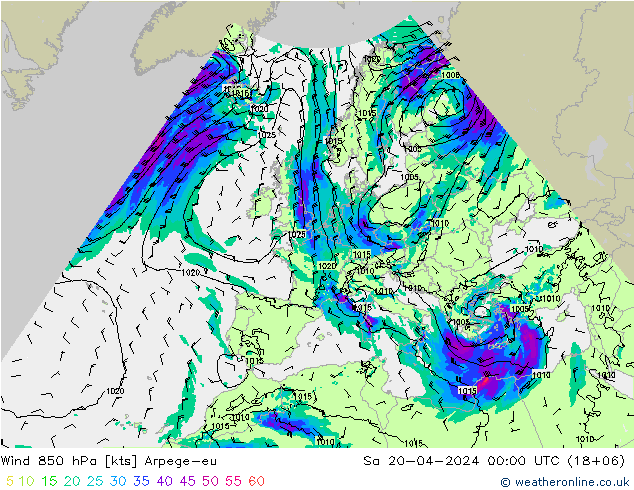 wiatr 850 hPa Arpege-eu so. 20.04.2024 00 UTC
