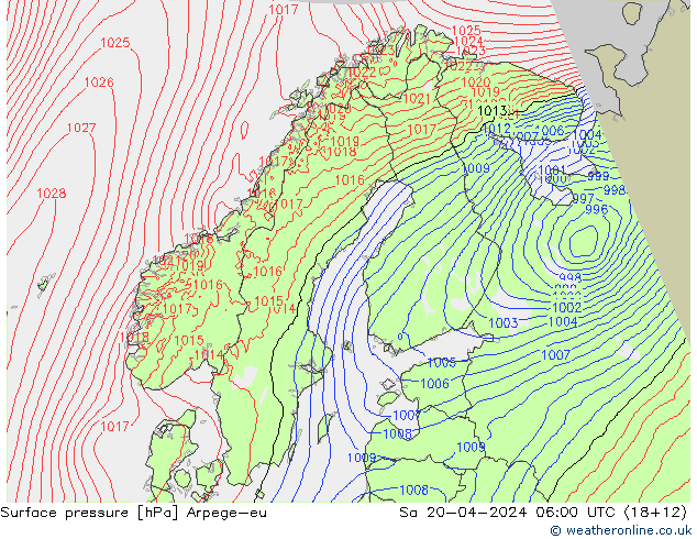 Surface pressure Arpege-eu Sa 20.04.2024 06 UTC