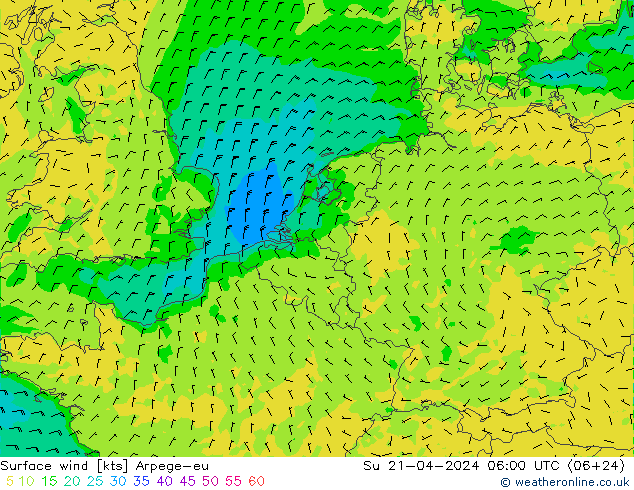 Surface wind Arpege-eu Su 21.04.2024 06 UTC