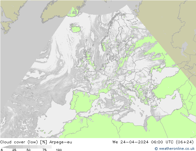 Cloud cover (low) Arpege-eu We 24.04.2024 06 UTC