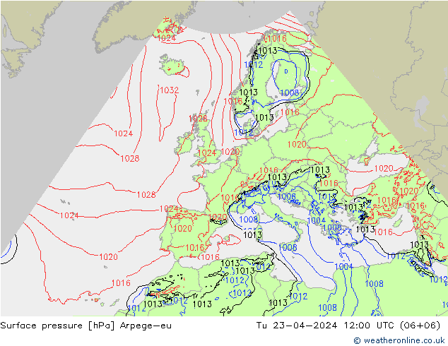 Surface pressure Arpege-eu Tu 23.04.2024 12 UTC