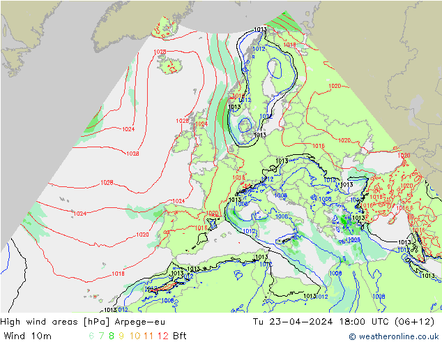 High wind areas Arpege-eu Út 23.04.2024 18 UTC