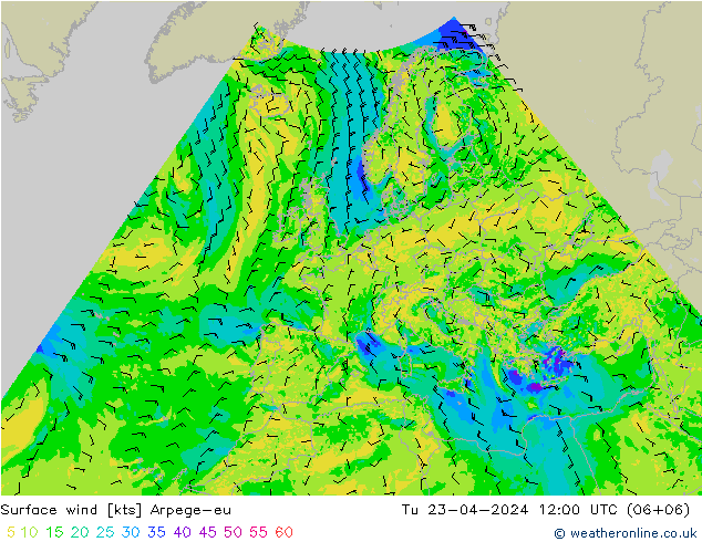 Surface wind Arpege-eu Tu 23.04.2024 12 UTC
