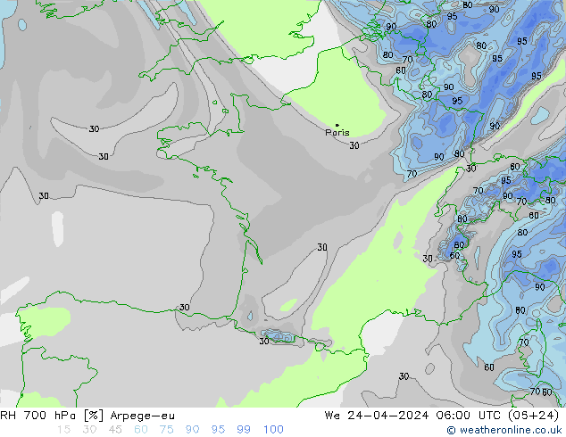 Humidité rel. 700 hPa Arpege-eu mer 24.04.2024 06 UTC