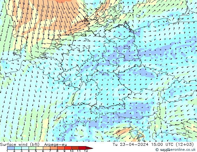 Surface wind (bft) Arpege-eu Út 23.04.2024 15 UTC