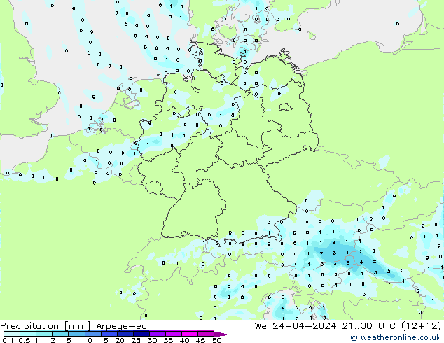 Precipitazione Arpege-eu mer 24.04.2024 00 UTC