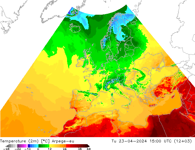 Temperatuurkaart (2m) Arpege-eu di 23.04.2024 15 UTC