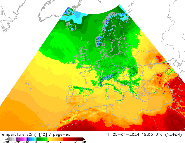 Temperatuurkaart (2m) Arpege-eu do 25.04.2024 18 UTC