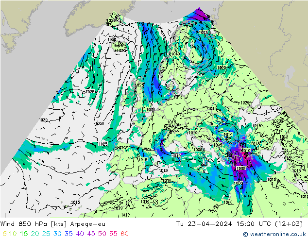 Wind 850 hPa Arpege-eu Tu 23.04.2024 15 UTC