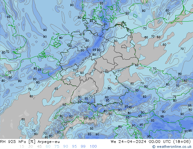 Humidité rel. 925 hPa Arpege-eu mer 24.04.2024 00 UTC