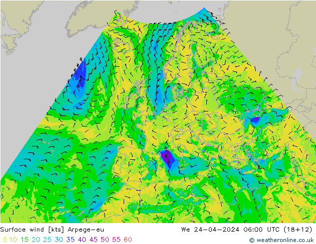 Surface wind Arpege-eu St 24.04.2024 06 UTC