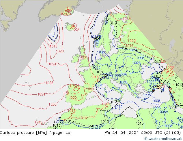 Bodendruck Arpege-eu Mi 24.04.2024 09 UTC