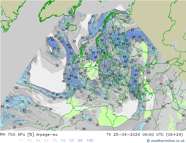Humidité rel. 700 hPa Arpege-eu jeu 25.04.2024 06 UTC