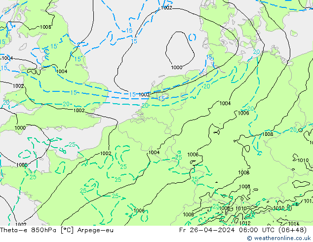 Theta-e 850hPa Arpege-eu ven 26.04.2024 06 UTC