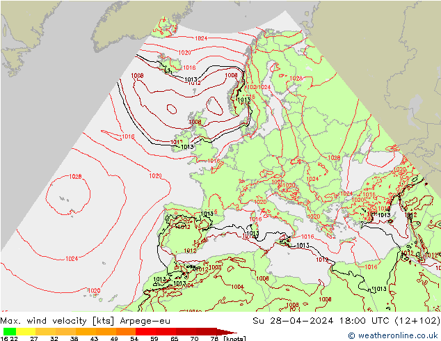 Max. wind velocity Arpege-eu Su 28.04.2024 18 UTC