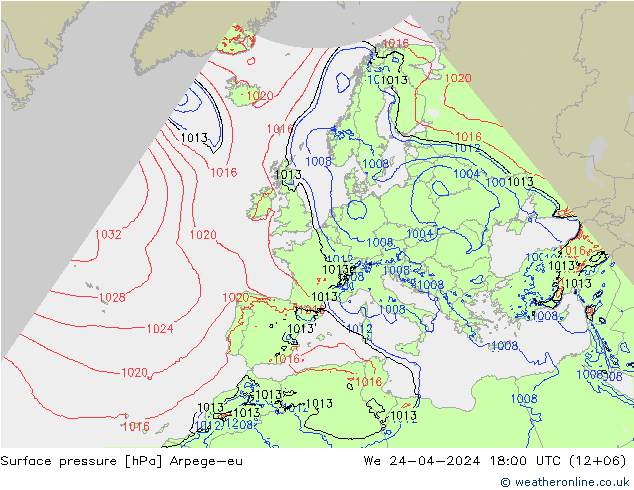 Pressione al suolo Arpege-eu mer 24.04.2024 18 UTC