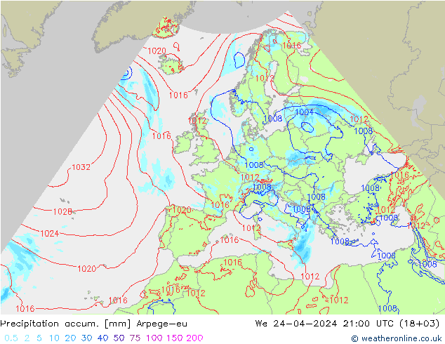 Precipitation accum. Arpege-eu We 24.04.2024 21 UTC