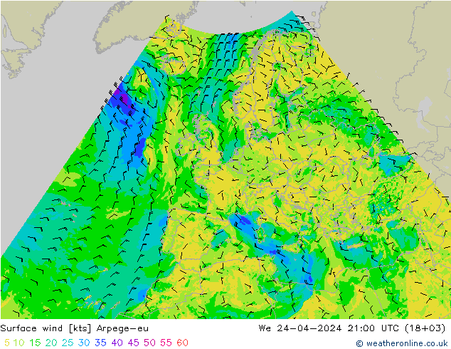 Surface wind Arpege-eu We 24.04.2024 21 UTC