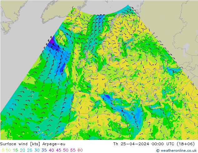 Surface wind Arpege-eu Th 25.04.2024 00 UTC