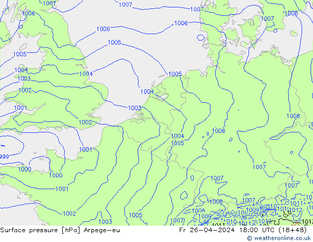 Pressione al suolo Arpege-eu ven 26.04.2024 18 UTC