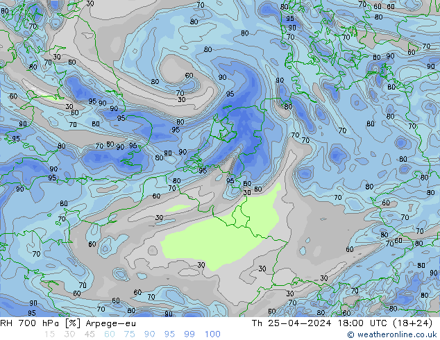 Humidité rel. 700 hPa Arpege-eu jeu 25.04.2024 18 UTC