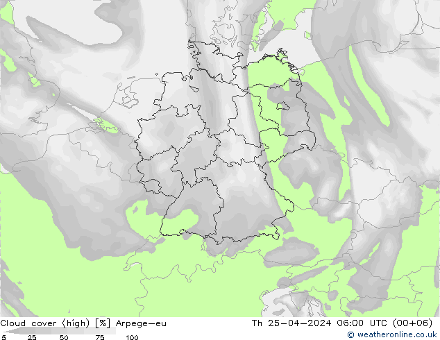 Cloud cover (high) Arpege-eu Th 25.04.2024 06 UTC