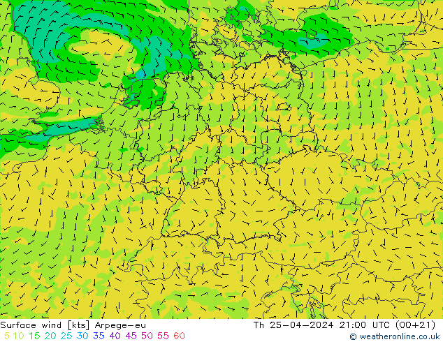 Surface wind Arpege-eu Th 25.04.2024 21 UTC