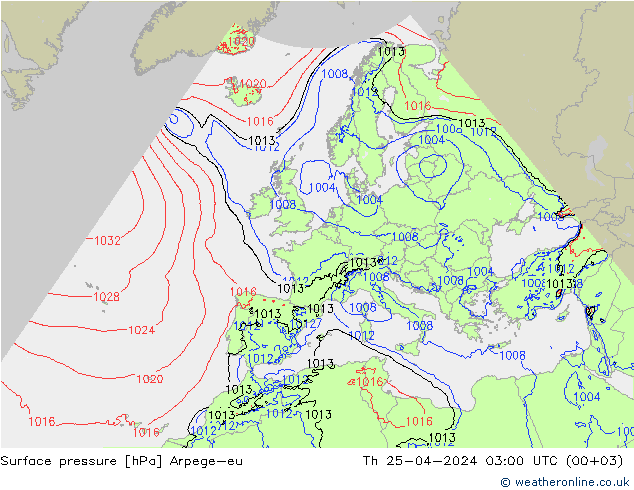 Atmosférický tlak Arpege-eu Čt 25.04.2024 03 UTC