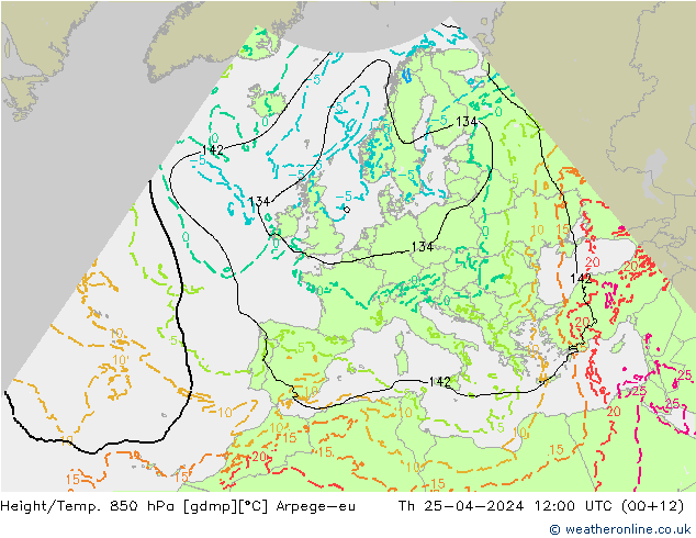 Height/Temp. 850 hPa Arpege-eu Čt 25.04.2024 12 UTC