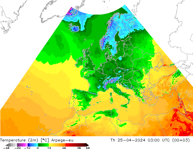 Temperatura (2m) Arpege-eu gio 25.04.2024 03 UTC