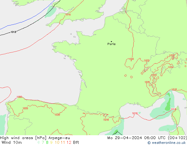 High wind areas Arpege-eu Mo 29.04.2024 06 UTC