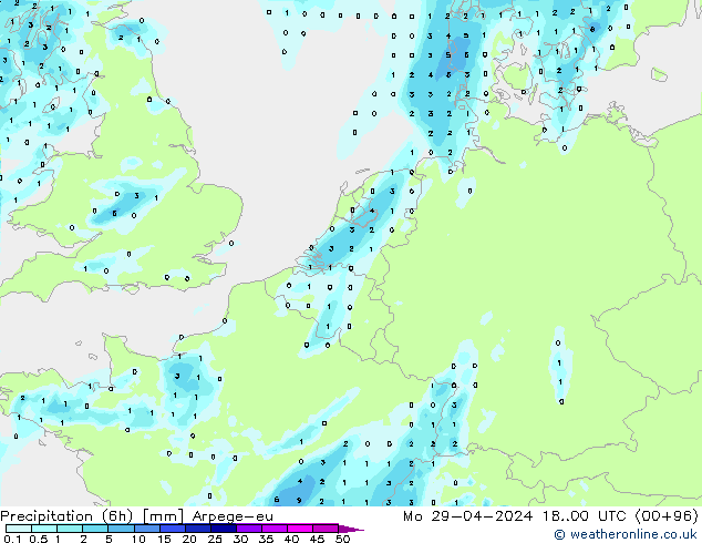 Precipitation (6h) Arpege-eu Mo 29.04.2024 00 UTC