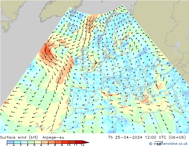 Surface wind (bft) Arpege-eu Th 25.04.2024 12 UTC