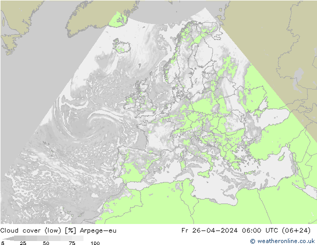 Cloud cover (low) Arpege-eu Fr 26.04.2024 06 UTC