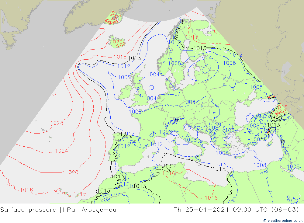 Surface pressure Arpege-eu Th 25.04.2024 09 UTC