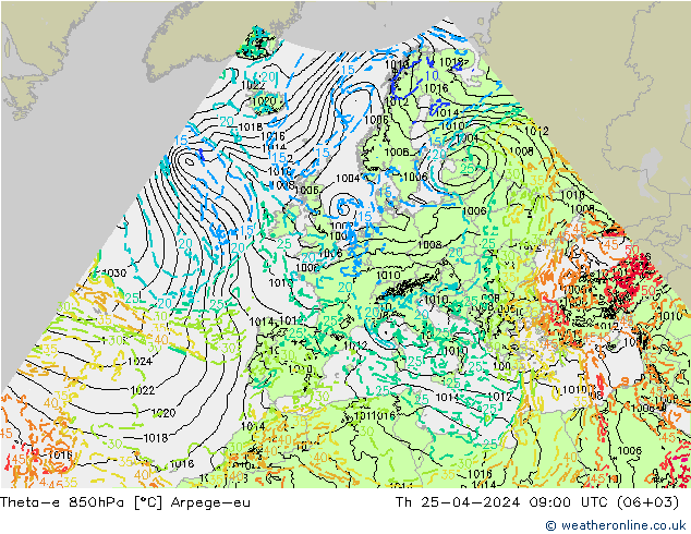 Theta-e 850hPa Arpege-eu czw. 25.04.2024 09 UTC