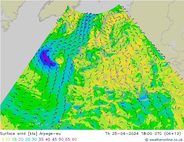 Surface wind Arpege-eu Th 25.04.2024 18 UTC