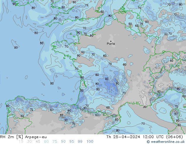 RH 2m Arpege-eu Th 25.04.2024 12 UTC