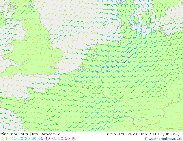 Wind 850 hPa Arpege-eu Fr 26.04.2024 06 UTC