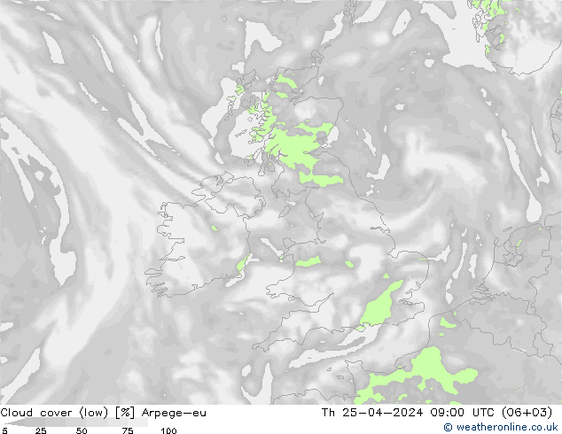 Cloud cover (low) Arpege-eu Th 25.04.2024 09 UTC