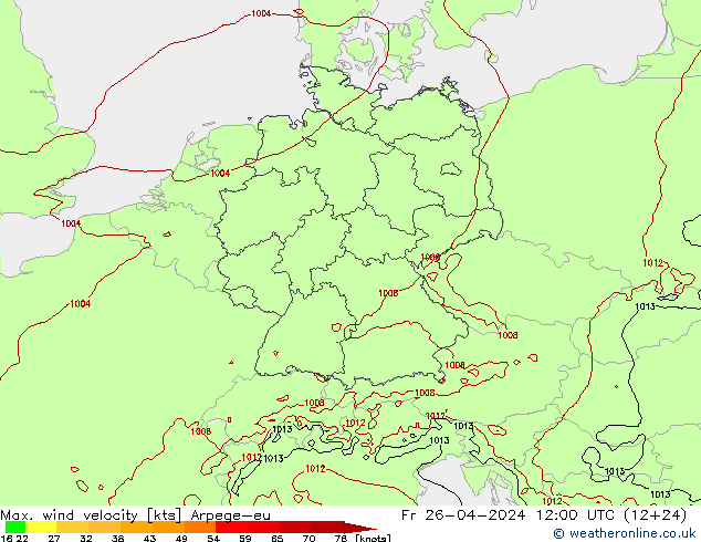 Max. wind velocity Arpege-eu  26.04.2024 12 UTC
